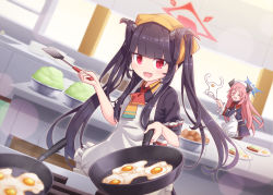 Rule 34 | 2girls, apron, black hair, blue archive, blush, commentary request, egg (food), closed eyes, food, fried egg, fuuka (blue archive), halo, harada (sansei rain), highres, horns, juri (blue archive), kitchen, multiple girls, open mouth, plate, pointy ears, red eyes, school uniform