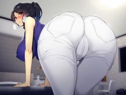 Rule 34 | 1girl, all fours, ass, bed, bedroom, bent over, blurry, blurry background, blush, breasts, breath, cleft of venus, embarrassed, fat mons, from behind, huge ass, indoors, interior, large breasts, long hair, munashi mujou, original, pants, room, solo, television, wavy mouth, window