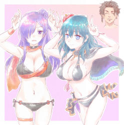 Rule 34 | 1boy, 2girls, arms up, bikini, black bikini, blue eyes, blue hair, breasts, byleth (female) (fire emblem), byleth (fire emblem), cape, claude von riegan, cleavage, closed eyes, collar, d:, dark-skinned male, dark skin, ear piercing, fire emblem, fire emblem: three houses, fire emblem heroes, fire emblem warriors: three hopes, flower, flower on head, hair bun, hair ornament, hair over one eye, hibiscus, highres, knife, large breasts, leg strap, long hair, medium hair, multiple girls, nintendo, official alternate costume, one eye covered, open mouth, peace symbol, piercing, purple eyes, purple hair, red scarf, scarf, shez (female) (fire emblem), shez (fire emblem), simple background, single hair bun, smile, swimsuit
