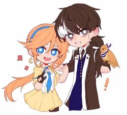 Rule 34 | !, 1boy, 1girl, :d, ace attorney, animal, animal on arm, athena cykes, bags under eyes, bird, bird on arm, black coat, black gloves, black hair, black necktie, blue eyes, blue hairband, blue necktie, blue pants, blue vest, blush, bright pupils, coat, collared coat, collared shirt, cowboy shot, crescent, crescent earrings, cropped jacket, cropped legs, earrings, emblem, flower, gloves, grey eyes, grin, hairband, hands up, hawk, high collar, jacket, jewelry, jinbaori, lapels, long hair, long sleeves, looking at viewer, low ponytail, miniskirt, multicolored hair, necklace, necktie, nervous sweating, open clothes, open coat, open collar, open jacket, open mouth, orange hair, pants, partially fingerless gloves, pleated skirt, raionn1008, shirt, short sleeves, side ponytail, sidelocks, simon blackquill, simple background, single earring, single glove, skirt, sleeve cuffs, smile, sweat, swept bangs, taka (ace attorney), two-tone hair, untucked shirt, very long hair, vest, white background, white hair, white pupils, white shirt, yellow jacket, yellow skirt