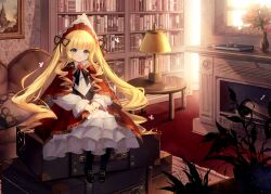 Rule 34 | 1girl, absurdres, black footwear, black ribbon, blonde hair, blue eyes, bonnet, book, bookshelf, boots, bug, butterfly, capelet, closed mouth, coin, couch, dress, drill hair, fireplace, flower, frilled dress, frills, hair ribbon, highres, ilangasa, insect, lolita fashion, long hair, long sleeves, painting (object), pillow, plant, potted plant, red capelet, red dress, red flower, ribbon, rozen maiden, shinku, sitting, solo, suitcase, table, twintails, vase