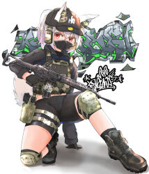 Rule 34 | 1girl, ammunition pouch, animal ears, arm support, assault rifle, baseball cap, bike shorts, black footwear, black gloves, black hat, black jacket, black mask, black shirt, black shorts, black socks, blue jacket, body armor, buckle, bulletproof vest, collared jacket, commentary request, covered mouth, cross-laced footwear, ear protection, ears through headwear, folding stock, full body, gloves, graffiti, gun, hair between eyes, handgun, hat, headset, highres, holding, holding gun, holding weapon, holster, holstered, howa type 89, jacket, knee pads, load bearing vest, logo, long sleeves, looking at viewer, mask, midriff, mouth mask, multicolored clothes, multicolored jacket, on one knee, optical sight, original, ponytail, pouch, red eyes, rifle, shadow, shirt, shoelaces, shoes, shorts, simple background, snap-fit buckle, socks, solo, thigh holster, trigger discipline, two-tone jacket, weapon, white background, white hair, yoshinani (mountain 182)