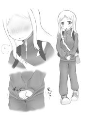 Rule 34 | 1girl, aruta (omoalta), backpack, bag, blush, bottle, character request, crotch, female focus, full body, greyscale, have to pee, highres, jacket, long hair, long sleeves, monochrome, multiple views, open mouth, own hands together, pants, pigeon-toed, shoes, simple background, speech bubble, standing, text focus, track jacket, track suit, translated, upper body, v arms, walking, white background