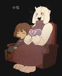 1girl 1other =_= androgynous animal_ears barefoot black_background blue_sweater brown_footwear brown_hair child clenched_hands collared_robe excited fangs fewer_digits floppy_ears frisk_(undertale) full_body furry furry_female goat_ears goat_girl goat_horns horns long_sleeves no_nose on_chair open_mouth puff_of_air purple_eyes purple_robe rikose robe shoes short_hair sitting skin_fangs sweatdrop sweater toriel undertale variant_set watching wide-eyed