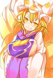 Rule 34 | 1girl, aburaage, animal hat, blonde hair, blush, breast hold, breasts, dress, drooling, food, fox tail, frills, furorina, hands in opposite sleeves, hat, head tilt, highres, kitsune, kyuubi, large breasts, long sleeves, looking at viewer, mob cap, multiple tails, saliva, smile, solo, tabard, tail, tawawa challenge, tofu, touhou, upper body, white dress, wide sleeves, yakumo ran, yellow eyes