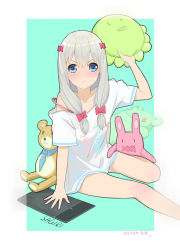 Rule 34 | &gt;:(, 10s, 1girl, absurdres, artist request, blue eyes, blush, bow, character name, clothes writing, drawing tablet, eromanga sensei, frown, hair bow, heart, heart-shaped pupils, heart in eye, highres, izumi sagiri, long hair, looking at viewer, nose blush, pink bow, shirt, silver hair, sitting, solo, strap slip, stuffed animal, stuffed rabbit, stuffed frog, stuffed octopus, stuffed toy, stylus, symbol-shaped pupils, symbol in eye, t-shirt, teddy bear, tsundere, v-shaped eyebrows