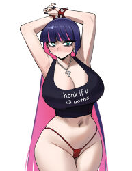 Rule 34 | 1girl, aqua eyes, armpits, arms up, black nails, black tank top, blush, breasts, bright pupils, cameltoe, cleft of venus, closed mouth, clothes writing, collarbone, cowboy shot, cross, cross necklace, donburi (donburikazoku), earrings, english text, highres, jewelry, long hair, looking at viewer, multicolored hair, nail polish, navel, necklace, no pants, nose blush, panties, panty &amp; stocking with garterbelt, pink hair, purple hair, red panties, simple background, solo, spikes, stocking (psg), tank top, thighs, two-tone hair, underwear, very long hair, white background, white pupils