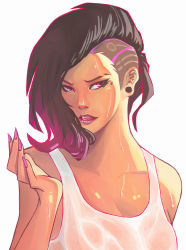 Rule 34 | 1girl, absurdres, alfredowkwk, backlighting, dark skin, ear piercing, fingernails, hand up, highres, lips, looking to the side, mohawk, mole, multicolored hair, nail polish, overwatch, overwatch 1, parted lips, piercing, pink eyes, pink nails, shiny skin, sombra (overwatch), sweat, tank top, turning head, upper body, wet, wet clothes, white background