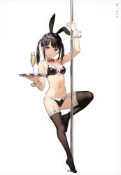 Rule 34 | 1girl, absurdres, animal ears, bikini, black bikini, black hair, black thighhighs, bow, bowtie, breasts, brown eyes, champagne flute, cleavage, closed mouth, cup, detached collar, drinking glass, fake animal ears, feet, full body, garter straps, hairband, highres, kantoku, long hair, medium breasts, navel, non-web source, original, plaid, pole, rabbit ears, sidelocks, simple background, smile, solo, standing, standing on one leg, stripper pole, swimsuit, thighhighs, tiptoes, tray, twintails, white background, wrist cuffs