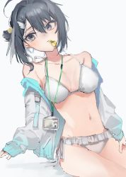 Rule 34 | 1girl, arknights, bare shoulders, bikini, black hair, breasts, female focus, grey eyes, hair ornament, hairclip, highres, jacket, la pluma (arknights), la pluma (summer flowers) (arknights), long sleeves, looking at viewer, medium breasts, mokuro3m, mouth hold, navel, off shoulder, official alternate costume, open clothes, open jacket, short hair, sitting, solo, stomach, swimsuit, thighs, whistle, white bikini, white jacket