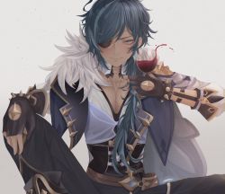Rule 34 | 1boy, alcohol, bandages, bare pectorals, belt, black footwear, black gloves, black pants, blue eyes, blue hair, blush, bracelet, closed mouth, cup, drinking glass, eyepatch, fingerless gloves, genshin impact, gloves, gradient background, highres, holding, holding cup, jewelry, kaeya (genshin impact), long hair, male focus, multicolored hair, pants, partially fingerless gloves, pectorals, sitting, sleeves rolled up, smile, solo, sorroki, spiked bracelet, spikes, streaked hair, wine, wine glass
