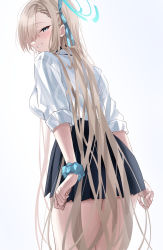 Rule 34 | 1girl, asuna (blue archive), blonde hair, blue archive, blue eyes, blue skirt, blush, breasts, from behind, grin, hair over one eye, halo, head tilt, highres, large breasts, long hair, looking at viewer, ponpon nun, school uniform, scrunchie, shirt, simple background, skirt, smile, solo, very long hair, white shirt, wrist scrunchie
