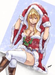Rule 34 | 1girl, blonde hair, breasts, christmas, cleavage, fairy tail, gloves, highres, large breasts, long hair, red eyes, selene (fairy tail), snow, thighhighs