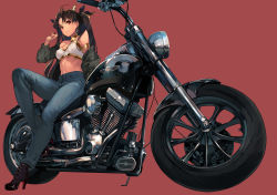 Rule 34 | 1girl, alternate costume, armlet, bikini, bikini top only, black hair, boots, brown footwear, cross-laced footwear, denim, earrings, fate/grand order, fate (series), full body, green jacket, high heel boots, high heels, highres, hoop earrings, ishtar (fate), jacket, jeans, jewelry, lace-up boots, long hair, motor vehicle, motorcycle, neck ring, oneko, open clothes, open jacket, pants, parted bangs, red background, red eyes, simple background, solo, strapless, swimsuit, tiara, two side up, white bikini