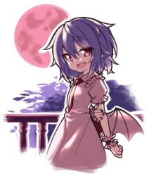 Rule 34 | 1girl, :d, bat wings, dress, fang, frilled dress, frilled sleeves, frills, hair between eyes, holding own arm, lirilias, looking at viewer, medium hair, moon, nail polish, night, open mouth, pink dress, pink frills, pointy ears, purple hair, red eyes, red moon, red nails, red neckwear, remilia scarlet, short sleeves, slit pupils, smile, solo, touhou, upper body, wings, wrist cuffs