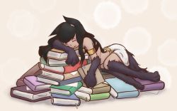 Rule 34 | 1girl, absurdres, animal ears, animal hands, anubis (mythology), armband, black hair, book, book stack, commentary, dog paws, highres, jewelry, long hair, mithril (pixiv9140955), monster girl, original, sleeping, solo, tail, wolf ears, wolf tail