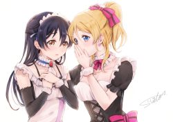 Rule 34 | 2girls, ayase eli, blonde hair, blue eyes, blue hair, blush, covered mouth, detached collar, detached sleeves, double bun, earrings, frills, hair between eyes, hair bun, hair ribbon, hands on own chest, jewelry, long hair, love live!, love live! school idol project, maid, maid headdress, mogyutto &quot;love&quot; de sekkin chuu!, multiple girls, own hands together, ponytail, ribbon, signature, simple background, sonoda umi, suito, upper body, white background, yellow eyes