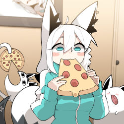 &lt;o&gt;_&lt;o&gt; 1girl absurdres ahoge alternate_costume animal_ear_fluff animal_ears blue_eyes blush cocomayo29_(tomato) commentary_request eating fang food fox_ears fox_girl fox_tail highres hololive indoors jacket korean_commentary long_sleeves miteiru_(shirakami_fubuki) pizza pizza_slice shirakami_fubuki solo tail tongue tongue_out track_jacket upper_body virtual_youtuber white_hair