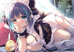 Rule 34 | 1girl, azur lane, breasts, garter straps, looking at viewer, lying, maid, maid headdress, solo, suimya, thighhighs, thighs, white garter straps, white thighhighs