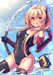 Rule 34 | 1girl, banana (girls&#039; frontline), black one-piece swimsuit, black thighhighs, blonde hair, blue sky, breasts, cloud, collarbone, competition swimsuit, covered navel, day, girls&#039; frontline, headgear, highleg, highleg swimsuit, highres, holding, holding hose, hose, long hair, m4 sopmod ii (girls&#039; frontline), mechanical arms, multicolored clothes, multicolored hair, multicolored swimsuit, one-piece swimsuit, outdoors, red eyes, red hair, red one-piece swimsuit, sky, small breasts, solo, streaked hair, swimsuit, thighhighs, wading, water, xlscaler