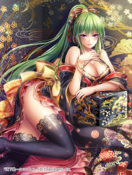Rule 34 | 1girl, bare shoulders, black thighhighs, bow, bracelet, breasts, cleavage, female focus, frilled c, green hair, hair ornament, hair stick, hobak, jewelry, long hair, looking at viewer, pink eyes, ponytail, sitting, smile, solo, tenka touitsu chronicle, thighhighs, yellow bow