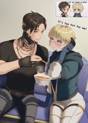 Rule 34 | 1boy, 1girl, animification, apex legends, belt, black pants, black shirt, blonde hair, blue eyes, blue gloves, blue hoodie, blue sweater, blush, bodysuit, bowl, brown belt, brown eyes, brown hair, chibi, chibi inset, chopsticks, commentary, couch, crypto (apex legends), english text, food, gloves, hair behind ear, hand on own head, highres, holding, holding bowl, holding chopsticks, hood, hood down, hoodie, jewelry, milmil7, mole, mole under eye, necklace, nervous, noodles, pants, parted hair, parted lips, ramen, shirt, sitting, smile, sweater, wattson (apex legends), white bodysuit