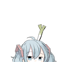 Rule 34 | 1girl, ahoge, blue eyes, blue hair, commentary request, food on hair, hair between eyes, hair ornament, hatsune miku, head, highres, jitome, simple background, solo, spring onion, vocaloid, white background, xxxx saki