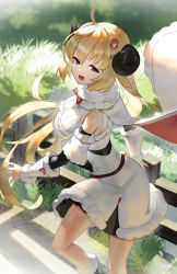 Rule 34 | 1girl, absurdres, ahoge, animal ears, blonde hair, bow, bowtie, breasts, cape, commentary, day, detached sleeves, dress, fur-trimmed dress, fur trim, grass, hair between eyes, hair ornament, hairclip, highres, hololive, horns, long hair, looking at viewer, medium breasts, open mouth, outdoors, purple eyes, red bow, red bowtie, scottie (phantom2), sheep ears, sheep girl, sheep horns, smile, solo, sunlight, thighs, tsunomaki watame, tsunomaki watame (1st costume), virtual youtuber, white cape, white dress