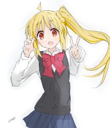 Rule 34 | 1girl, ahoge, black cardigan, blonde hair, blue skirt, bocchi the rock!, bow, bowtie, cardigan, claw pose, commentary request, core (mayomayo), head tilt, highres, ijichi nijika, looking at viewer, loose bowtie, loose neck ribbon, neck ribbon, open mouth, parted bangs, pleated shirt, pleated skirt, ponytail, red bow, red bowtie, red eyes, red ribbon, ribbon, shirt, side ponytail, sidelocks, simple background, skirt, solo, v, white background, white shirt