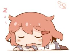 Rule 34 | 10s, 1girl, artist name, blush stickers, brown hair, check commentary, chibi, commentary request, closed eyes, hair ornament, hairclip, hanomido, ikazuchi (kancolle), kantai collection, long sleeves, lying, on stomach, open mouth, pantyhose, school uniform, serafuku, short hair, simple background, skirt, sleeping, solo, white background, zzz