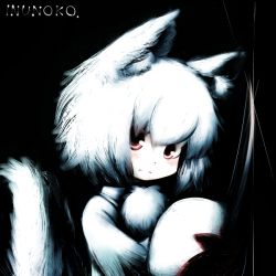 Rule 34 | 1girl, animal ears, artist name, bad id, bad pixiv id, inubashiri momiji, inunoko., looking at viewer, pom pom (clothes), red eyes, shield, short hair, solo, tail, touhou, white hair, wolf ears, wolf tail