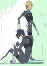 Rule 34 | 10s, 2boys, boots, darling in the franxx, glasses, gloves, gorou (darling in the franxx), hand on another&#039;s head, hiro (darling in the franxx), male focus, multiple boys, pilot suit, sitting, takerusilt, white gloves