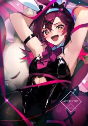 Rule 34 | 1boy, animal ears, armband, armpits, arms behind head, arms up, artist name, blush, bow, bowtie, detached collar, fake animal ears, from above, genshin impact, green eyes, hair between eyes, hairband, highres, leotard, long hair, looking at viewer, lying, lyrie luna, male focus, necktie, on back, pantyhose, playboy bunny, rabbit ears, rabbit hole (vocaloid), red hair, shikanoin heizou, smile, solo, strapless, strapless leotard, stuffed animal, stuffed toy, twisted torso, vocaloid