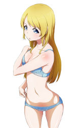 Rule 34 | 10s, 1girl, armpits, ayase eli, bare shoulders, blonde hair, blue bra, blue eyes, blue panties, bow, bra, breasts, cleavage, collarbone, cowboy shot, highres, long hair, love live!, love live! school idol project, medium breasts, navel, open mouth, panties, simple background, solo, underwear, underwear only, white background, wide hips, yuuki1103