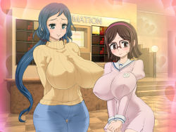 Rule 34 | 10s, 2girls, age difference, aqua eyes, blue hair, breasts, brown hair, cameltoe, curvy, denim, dress, covered erect nipples, female focus, glasses, gundam, gundam build fighters, hair ornament, hairband, huge breasts, impossible clothes, iori rinko, jeans, kousaka china, long hair, mature female, multiple girls, pants, rebis, short hair, skirt, standing, sweater, thigh gap, turtleneck, wide hips