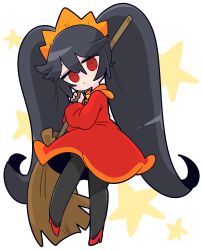 Rule 34 | 1girl, ashley (warioware), black hair, blush stickers, broom, closed mouth, commentary, dress, expressionless, full body, highres, holding, holding broom, jitome, long hair, long sleeves, looking at viewer, nintendo, op na yarou, pantyhose, red dress, red eyes, red footwear, simple background, skull, solo, star (symbol), star print, twintails, very long hair, warioware, white background, witch