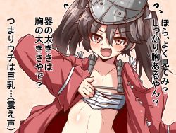 Rule 34 | 10s, 1girl, blush, brown eyes, brown hair, fang, flat chest, kantai collection, miyamaru, navel, open clothes, open mouth, open shirt, ryuujou (kancolle), sarashi, shirt, smile, solo, tears, translation request, twintails, visor cap