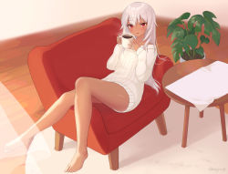 Rule 34 | 1girl, aran sweater, armchair, bare legs, barefoot, blush, cable knit, chair, coffee, coffee mug, cup, curtains, dark-skinned female, dark skin, full body, highres, holding, holding cup, indoors, komiya nigi, legs, long hair, long sleeves, lying, mug, on back, original, plant, potted plant, red eyes, rug, silver hair, solo, sweater, table, tsurime, white sweater, wind, wooden floor