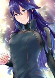 Rule 34 | 1girl, ameno (a meno0), blue hair, blue shirt, blush, bodysuit, breasts, closed mouth, commentary request, eyelashes, fingerless gloves, fire emblem, fire emblem awakening, gloves, hair between eyes, long hair, long sleeves, looking at viewer, lucina (fire emblem), nintendo, shirt, small breasts, smile, solo, sunlight, tiara, turtleneck, upper body