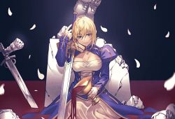Rule 34 | 1girl, artoria pendragon (all), artoria pendragon (fate), blonde hair, breasts, cleavage, closed mouth, dress, excalibur (fate/stay night), fate/stay night, fate (series), green eyes, hair between eyes, hiro (hirohiro gorira), holding, holding sword, holding weapon, holy grail (fate), looking at viewer, medium breasts, petals, pillar, pouring, saber (fate), smile, solo, sword, weapon