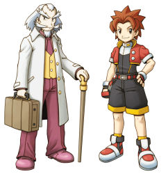 Rule 34 | 2boys, artist request, belt, black gloves, black shorts, briefcase, brown eyes, brown hair, cane, creatures (company), facial hair, fingerless gloves, full body, game freak, gloves, hand on own hip, hastings (pokemon), holding, holding briefcase, holding cane, keith (pokemon ranger 2), long sleeves, looking at viewer, male focus, medium hair, multiple boys, mustache, necktie, nintendo, official art, old, old man, pants, parted bangs, pocket, pokemon, pokemon ranger, pokemon ranger 2, pokemon ranger uniform, red footwear, serious, shoes, short sleeves, shorts, simple background, smile, socks, spiked hair, white background, white hair, yellow legwear