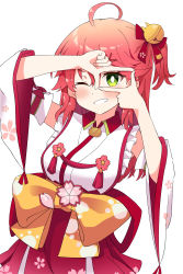 Rule 34 | 1girl, absurdres, arm up, bell, blush, cat ornament, cherry blossom print, detached sleeves, finger frame, floral print, flower ornament, frills, green eyes, grin, hair bell, hair ornament, hair ribbon, hakama, hakama skirt, hand up, highres, hololive, japanese clothes, kimono, long hair, long sleeves, looking at viewer, miruki(lvlilky), nontraditional miko, obi, one eye closed, one side up, pink hair, ribbon, sakura miko, sakura miko (1st costume), sash, skirt, sleeveless, sleeveless kimono, smile, solo, virtual youtuber, wide sleeves