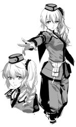 Rule 34 | 1girl, breasts, claire rieveldt, cowboy shot, eiyuu densetsu, falcom, garrison cap, gloves, greyscale, hat, long hair, long sleeves, looking at viewer, medium breasts, military, military uniform, monochrome, multiple views, outstretched arm, pants, scrunchie, sen no kiseki, shirt, side ponytail, simple background, smile, standing, uniform, werkbau, white background