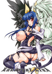 Rule 34 | 1boy, 1girl, 2girls, arc system works, ass, asymmetrical wings, back, blue hair, boots, breasts, butt crack, dizzy (guilty gear), finger to mouth, guilty gear, high heels, juubaori mashumaro, large breasts, long hair, multiple girls, necro (guilty gear), nipples, red eyes, ribbon, shoes, tail, tail ornament, tail ribbon, thighhighs, undine (guilty gear), wings