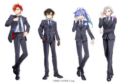 Rule 34 | 4boys, adjusting clothes, alternate costume, antenna hair, aqua eyes, aqua hair, black footwear, black hair, black jacket, black necktie, black pants, black suit, blonde hair, blue eyes, brown gloves, collared shirt, copyright notice, crossed ankles, crossed bangs, earrings, feathers, formal, full body, gloves, grey eyes, hair between eyes, hair over one eye, hand in pocket, hand on own hip, hand up, hitodama, hizaki gamma, holostars, index finger raised, jacket, jewelry, lapel pin, lapels, long hair, looking at viewer, male focus, medium hair, minase rio, multicolored hair, multiple boys, murakami yuichi, necklace, necktie, notched lapels, official art, open clothes, open jacket, orange hair, oxfords, pants, parted lips, pen, pink hair, ponytail, purple hair, red hair, shirt, short hair, simple background, sleeve garter, smile, streaked hair, striped clothes, striped shirt, stud earrings, suit, suit jacket, tie clip, transparent, two-tone hair, uproar (holostars), utsugi uyu, vertical-striped clothes, vertical-striped shirt, virtual youtuber, white background, white hair, white shirt, yatogami fuma, yellow eyes