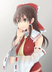 Rule 34 | 1girl, ascot, bare shoulders, bow, breasts, brown eyes, brown hair, closed mouth, detached sleeves, frilled shirt collar, frills, hair bow, hair tubes, hakurei reimu, hand on own cheek, hand on own face, japanese clothes, large breasts, long hair, long sleeves, looking away, miko, opanchu (pixiv259683), red bow, red shirt, red skirt, ribbon-trimmed sleeves, ribbon trim, shirt, sidelocks, skirt, skirt set, sleeveless, sleeveless shirt, solo, touhou, upper body, wide sleeves