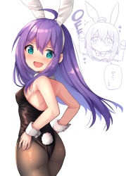 Rule 34 | 1girl, :o, ahoge, animal ears, arms up, ass, bare shoulders, binsen, black leotard, blush, breasts, brown pantyhose, chibi, cowboy shot, fake animal ears, flying sweatdrops, green eyes, hair between eyes, hairband, highres, idolmaster, idolmaster million live!, leotard, long hair, looking at viewer, looking back, mochizuki anna, multiple views, pantyhose, parted lips, playboy bunny, purple hair, rabbit ears, rabbit tail, simple background, small breasts, strapless, strapless leotard, tail, translation request, very long hair, white background, white hairband, wrist cuffs