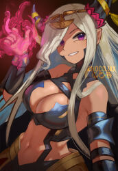 Rule 34 | 1girl, asymmetrical horns, bare shoulders, blush, breasts, chocojax, cleavage, dark-skinned female, dark skin, dragon girl, fire emblem, fire emblem engage, hair ornament, hair over one eye, highres, horn ornament, horns, large breasts, long hair, looking at viewer, mature female, navel, nintendo, open mouth, pointy ears, purple eyes, revealing clothes, ribbon, smile, solo, tan, tassel, tassel hair ornament, uneven horns, very long hair, white hair, zelestia (fire emblem)