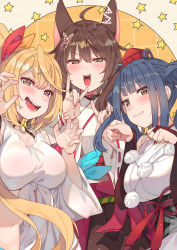 Rule 34 | 3girls, :3, absurdres, ahoge, animal ears, black choker, black hair, blonde hair, blue shorts, blunt bangs, blush, breasts, bridal gauntlets, butterfly hair ornament, cherry blossom print, choker, claw pose, cleavage, commentary request, cowboy shot, double fox shadow puppet, floral print, fox ears, fox shadow puppet, front-tie top, fumi (nijisanji), hair between eyes, hair ornament, hair ribbon, hair rings, hairclip, half-closed eyes, hat, heterochromia, highleg, highleg panties, highres, hoshikawa sara, hoshikawa sara (1st costume), huge filesize, japanese clothes, kimono, lace-trimmed sleeves, lace trim, large breasts, long hair, long sleeves, looking at viewer, midriff, multiple girls, navel, nijisanji, obi, obijime, open mouth, panties, paw pose, pom pom (clothes), red choker, red eyes, ribbon, sash, shirt, shorts, side ponytail, sidelocks, sleeveless, sleeveless kimono, sleeveless shirt, smile, star (symbol), starry background, tied shirt, tokin hat, tonarikeru, underwear, virtual youtuber, white kimono, white shirt, yamagami karuta, yellow eyes
