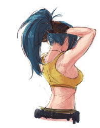 Rule 34 | 1girl, a-ka, adjusting hair, belt, blue hair, breasts, brown gloves, crop top, from behind, gloves, leona heidern, medium breasts, midriff, ponytail, sketch, solo, tank top, the king of fighters, the king of fighters xiv, tying hair